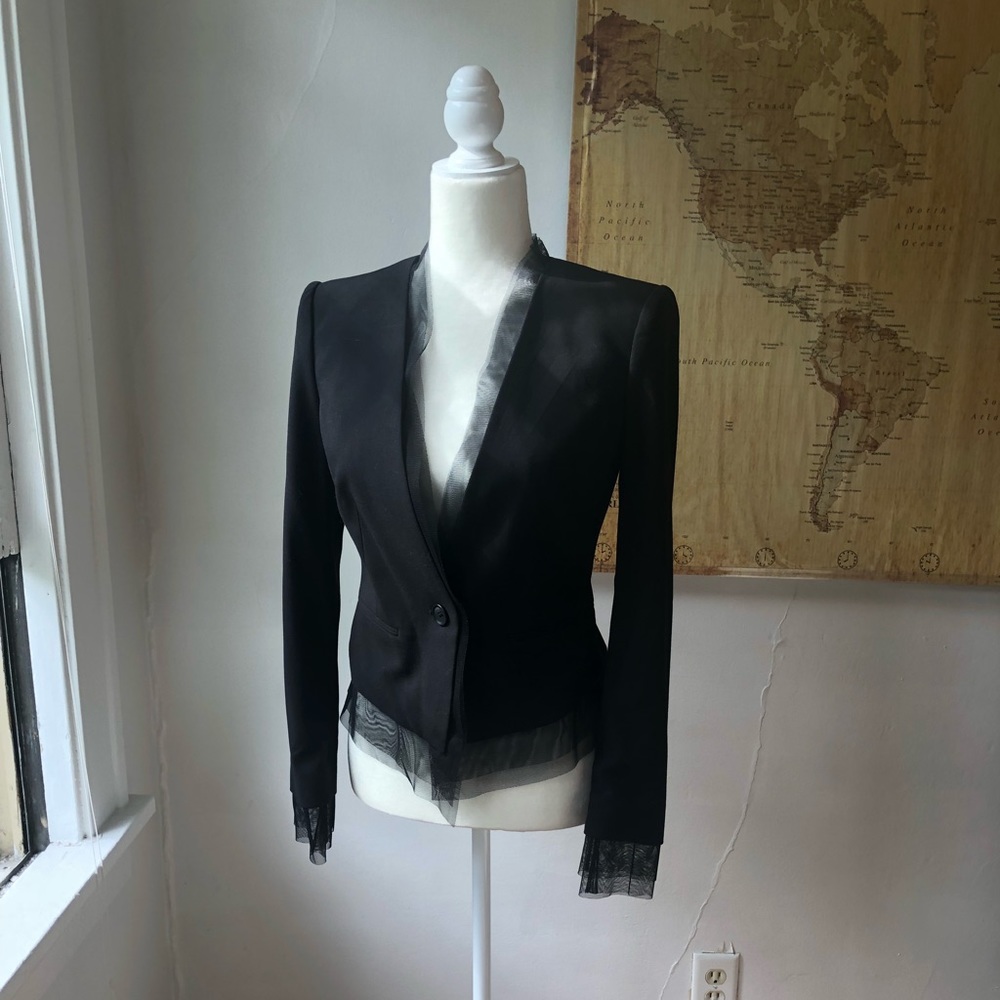 BCBGMAXAZRIA Tulle Trim Black Blazer
